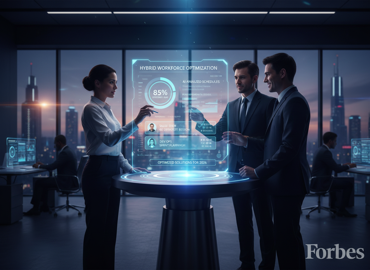 Futuristic holographic dashboard with AI-analyzed schedules, showing optimized solutions for hybrid workforce management.