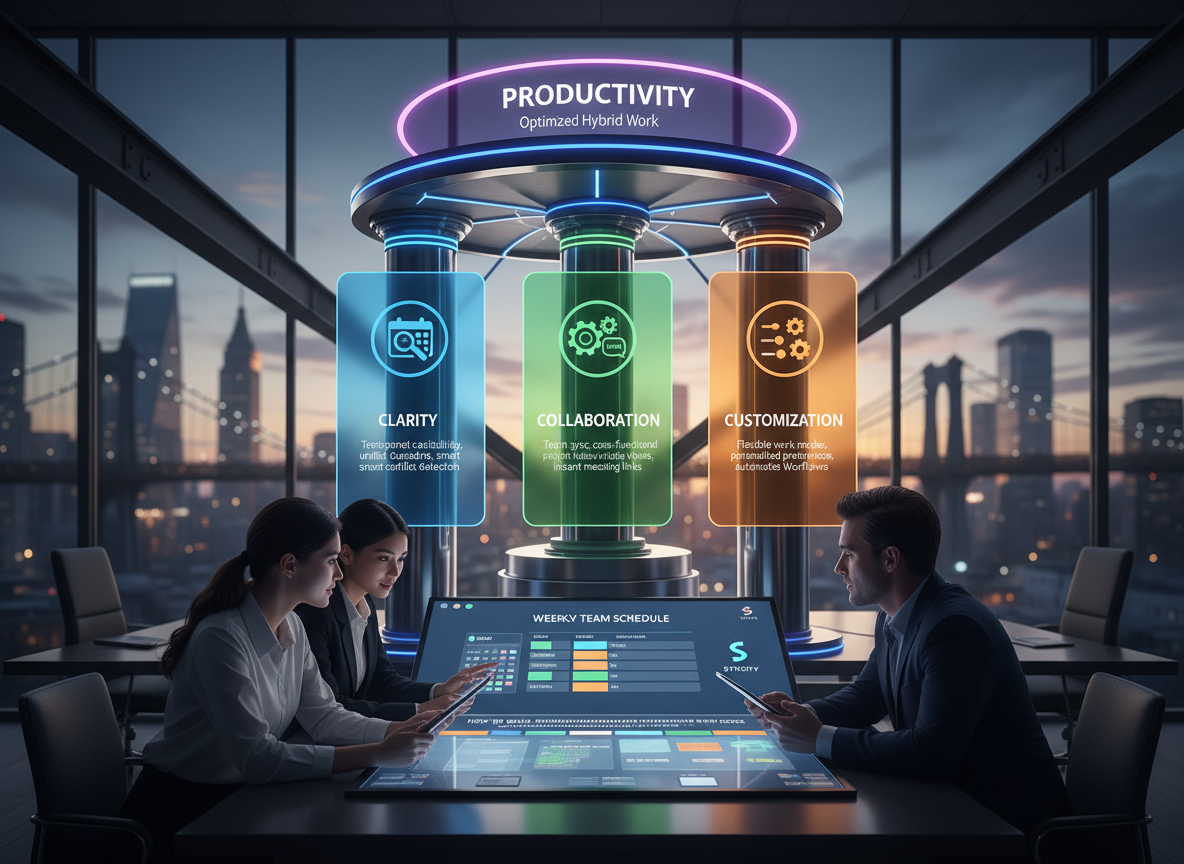 Infographic-style illustration of the 3C Scheduling Matrix with pillars for Clarity, Collaboration, and Customization supporting Productivity.