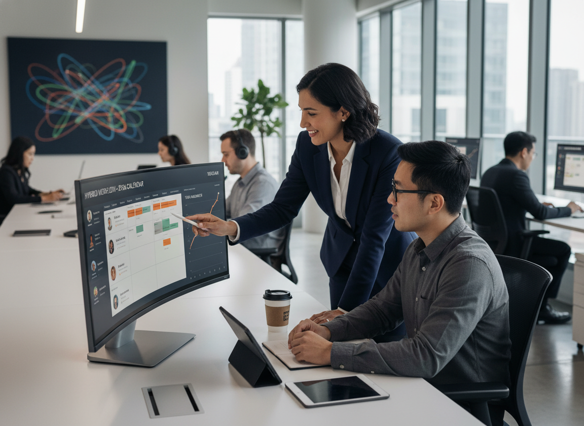 Team leader assisting an employee with a scheduling platform, fostering a supportive and collaborative environment.