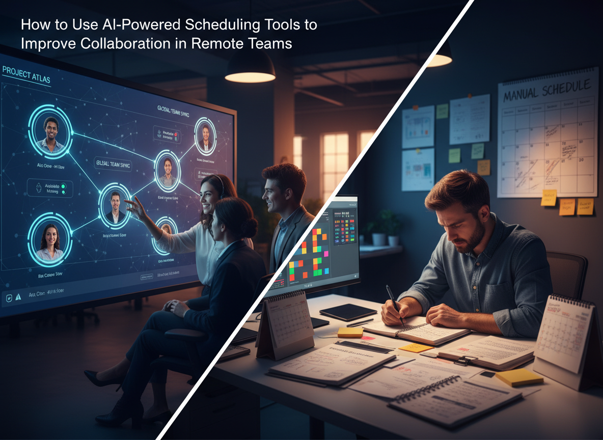 A co-working space showing a digital map with interconnected team profiles and real-time availability indicators, contrasting with a frustrated worker using outdated scheduling methods.