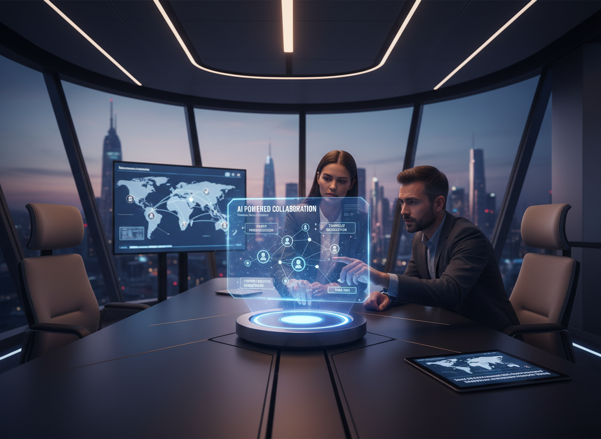A futuristic office showing a holographic AI scheduling interface with features like smart prioritization, timezone detection, and conflict resolution.