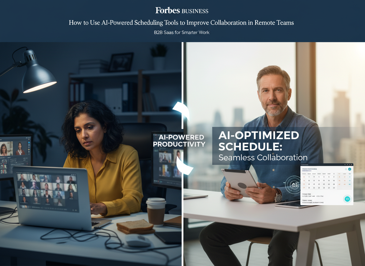 A split-screen of a tired professional in back-to-back virtual meetings versus a relaxed professional with an optimized, AI-generated schedule.