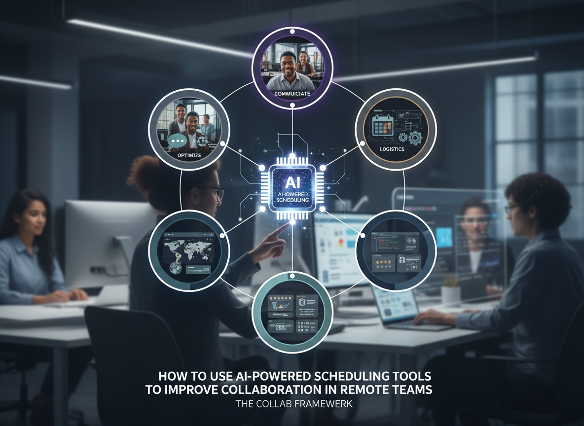 An infographic-style circular flowchart depicting the six steps of the COLLAB framework for AI-driven scheduling, connected by a central AI-powered hub.