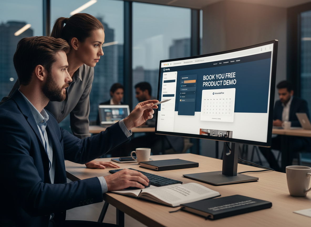 Step-by-step setup of a Schedly booking widget being customized and embedded into a website homepage for increased demo visibility.