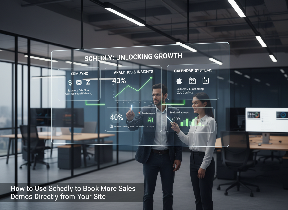 Real-time dashboard showing Schedly integrations with CRMs, analytics tools, and calendar systems, highlighting improved productivity and booking rates.
