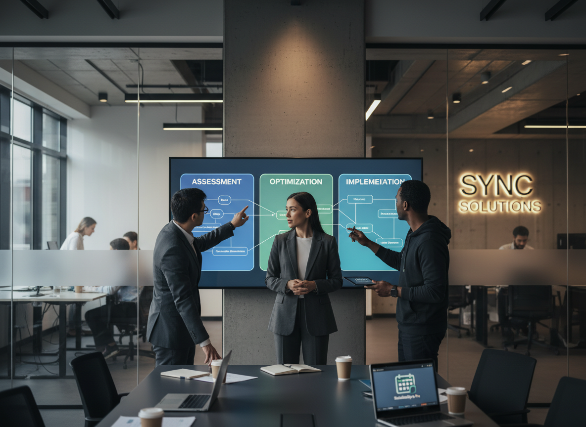 Project manager mapping out a workflow chart on a digital whiteboard in a collaborative tech-driven workspace.