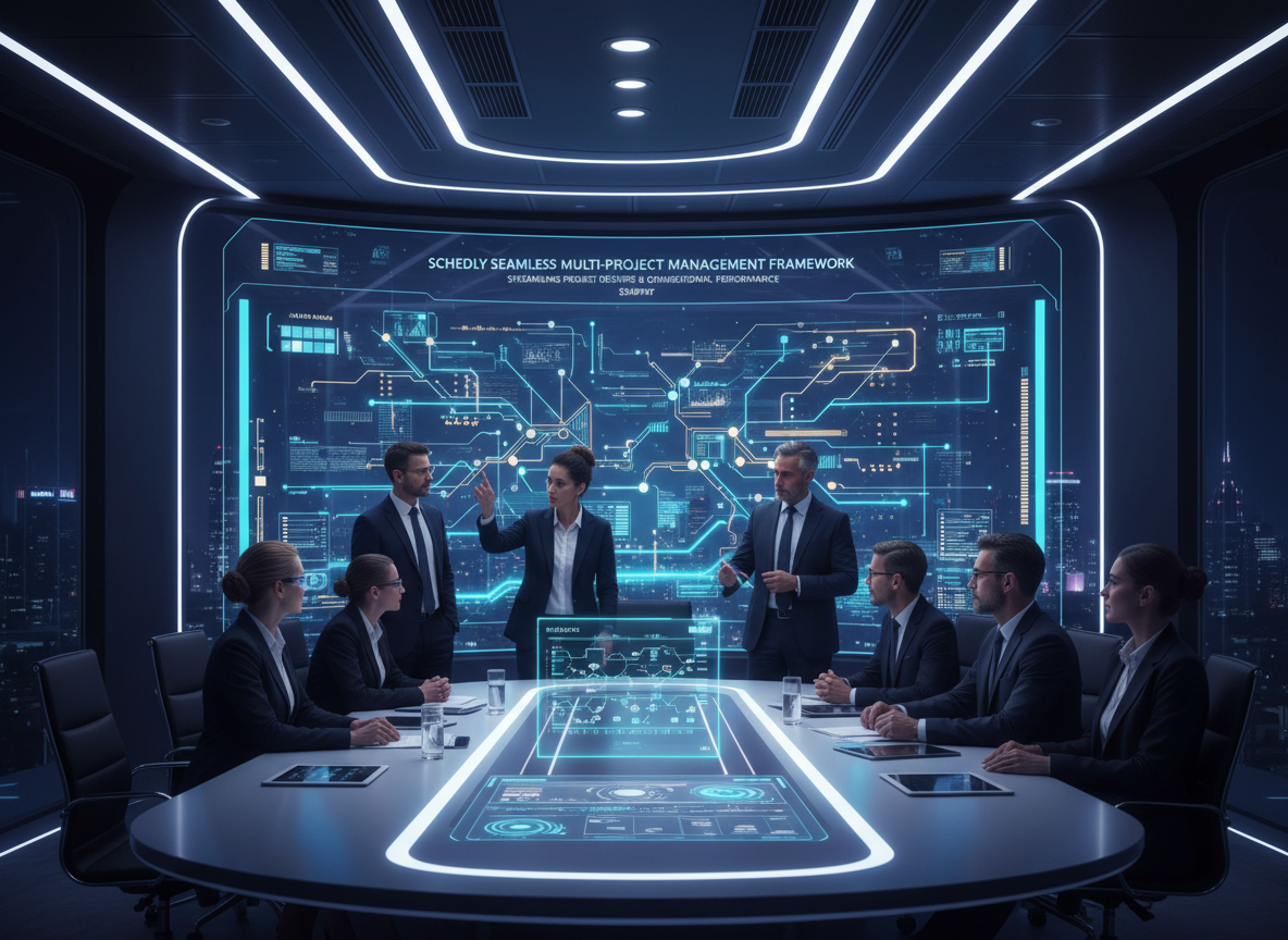Executives reviewing the Schedly Framework on an interactive screen in a futuristic boardroom, highlighting structured project management.