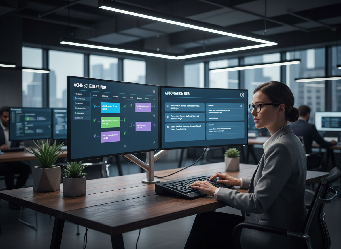 Tech professional using dual monitors to manage tasks with scheduling automation features like calendar sync and real-time updates.