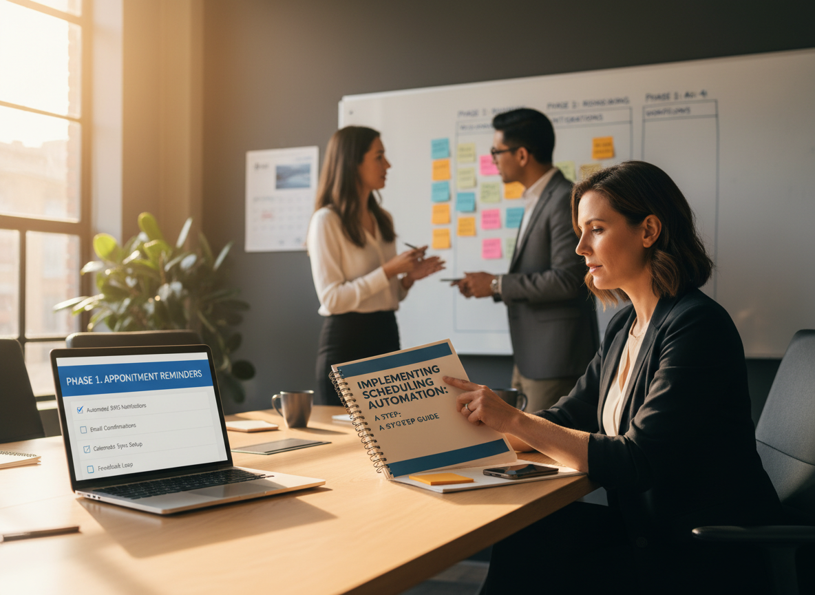 Office scene showing a team planning the step-by-step implementation of scheduling automation with a focus on initial phases.