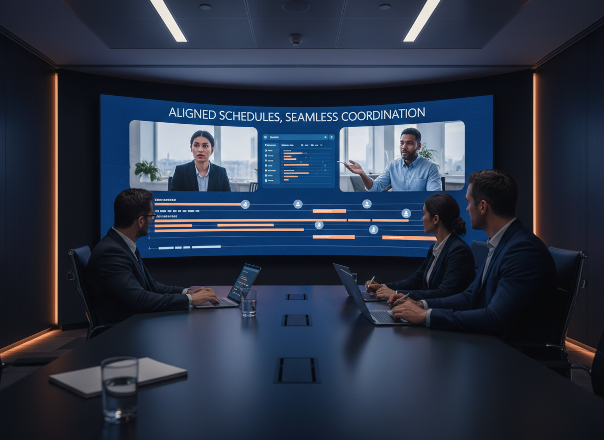 Conference room scene showing client-supplier coordination through scheduling automation with synchronized timelines on a digital tool.