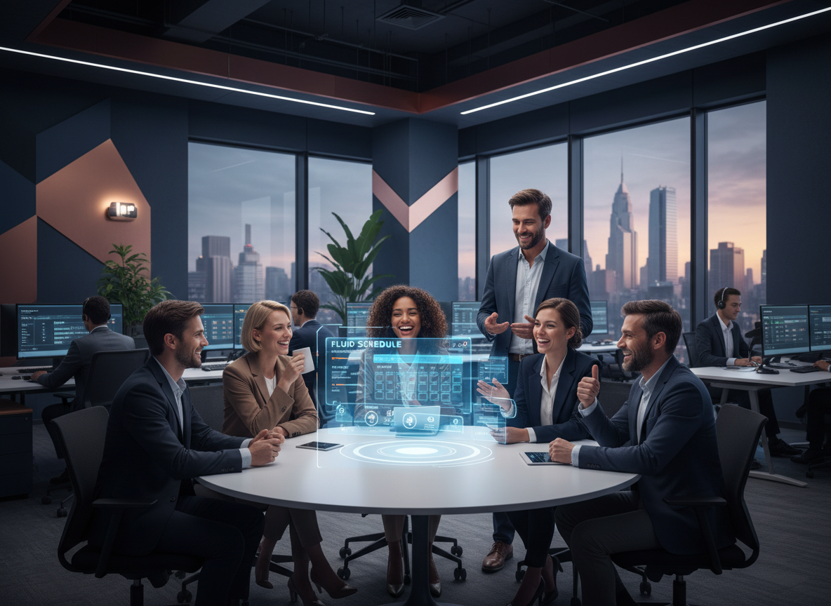 An open office showing happy employees using scheduling automation tools, with a holographic interface symbolizing transparency and efficiency.