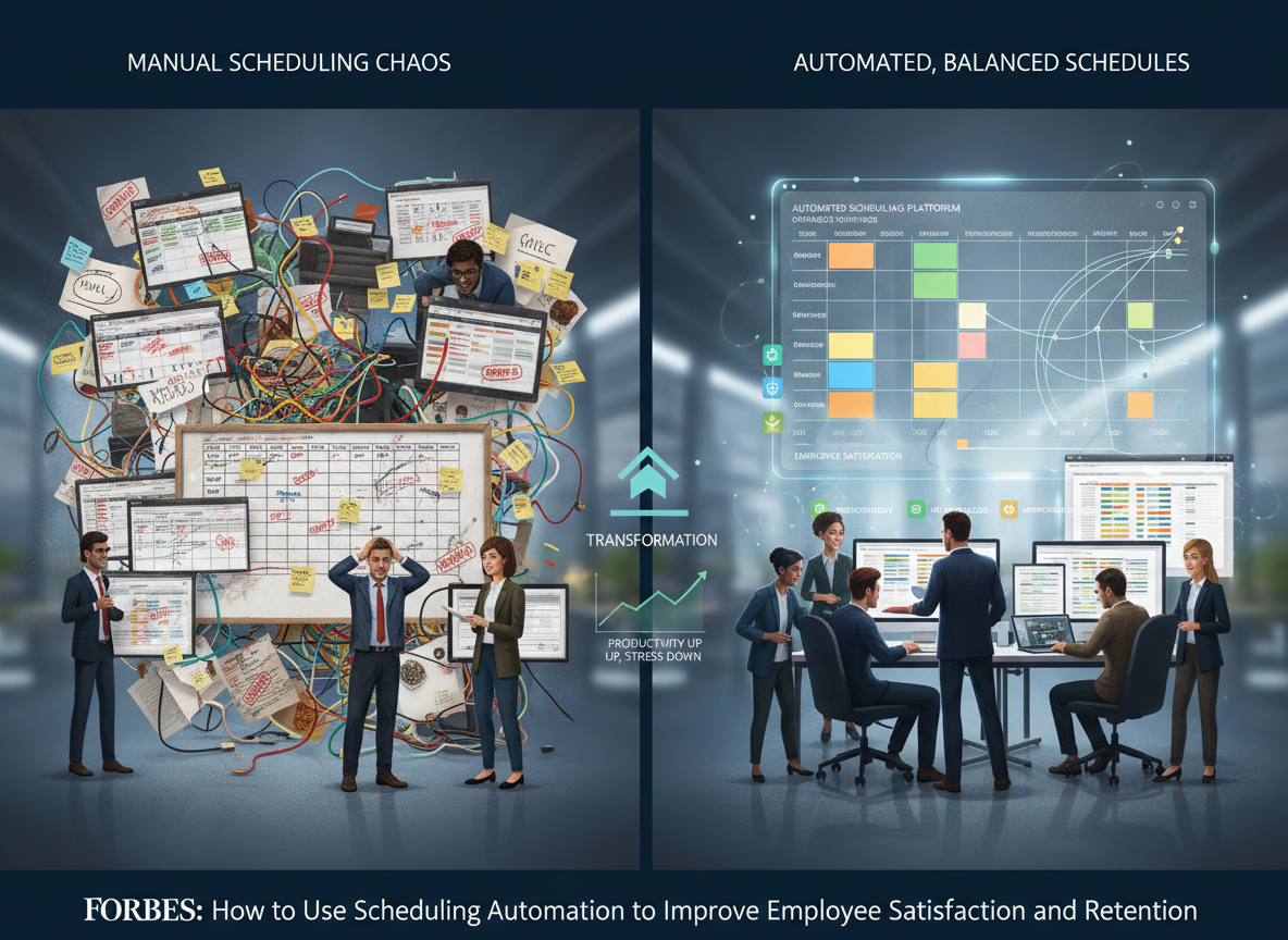 Side-by-side illustration comparing manual scheduling chaos with automated, balanced schedules, highlighting benefits like predictability, reduced conflicts, and improved morale.