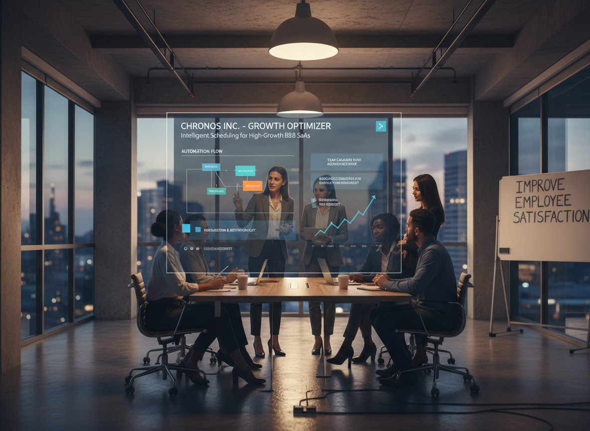 A modern co-working space with a team leader presenting a digital scheduling dashboard, showcasing the scalability of automation for high-growth companies.