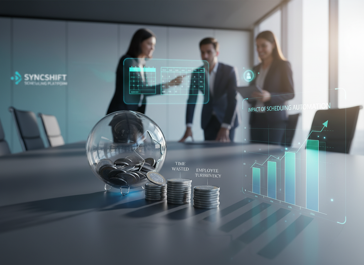 A leaking piggy bank with coins labeled 'Time Wasted,' 'Employee Turnover,' and 'Operational Inefficiency,' paired with a glowing bar graph showing savings from automation.