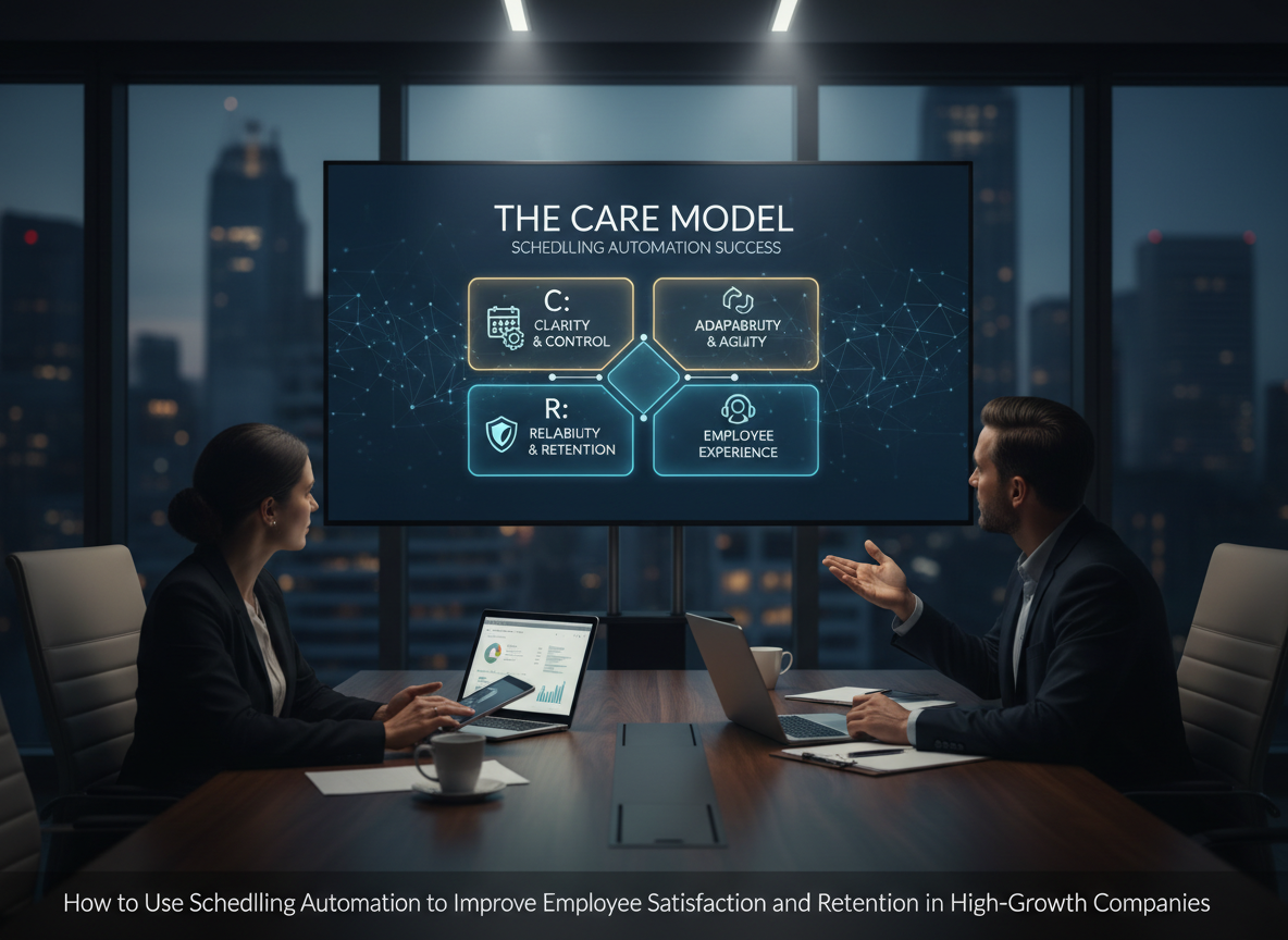 A boardroom presentation showcasing the CARE Model for scheduling automation success, with a focus on its four key components.