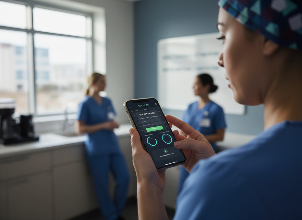 A nurse using a scheduling app on a smartphone to request time off, with an approval notification and workload charts visible on the screen.