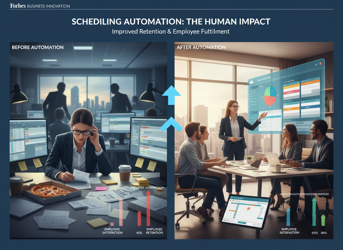 A side-by-side infographic showing before-and-after metrics of automation, including improved retention rates and employee satisfaction.