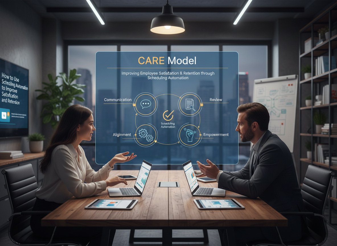 A flowchart of the CARE Model—communication, alignment, review, and empowerment—illustrated with icons and set in a collaborative workspace.