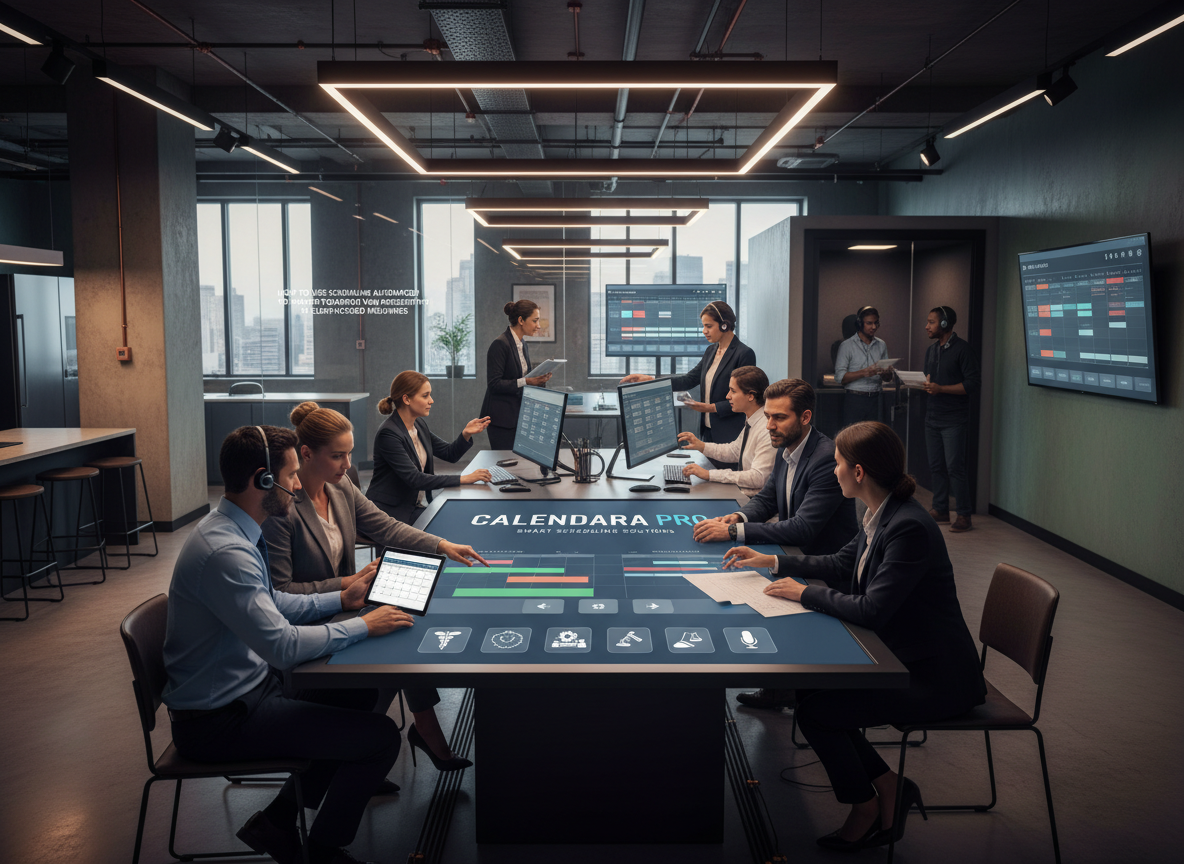 A co-working space showcasing scheduling automation in action across various client-focused industries, with professionals interacting with a shared digital scheduling platform.