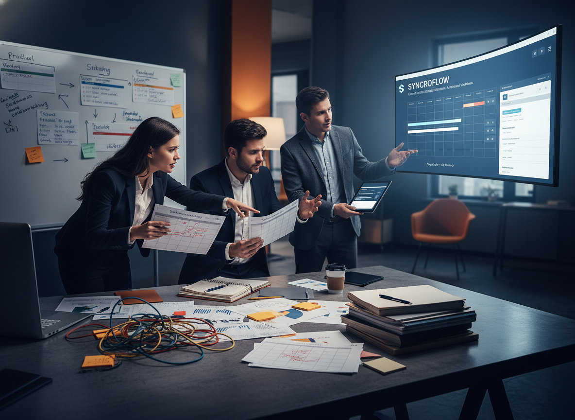 A disorganized office depicting common productivity challenges like manual scheduling and misaligned timelines, contrasted with a digital scheduling tool in the background.