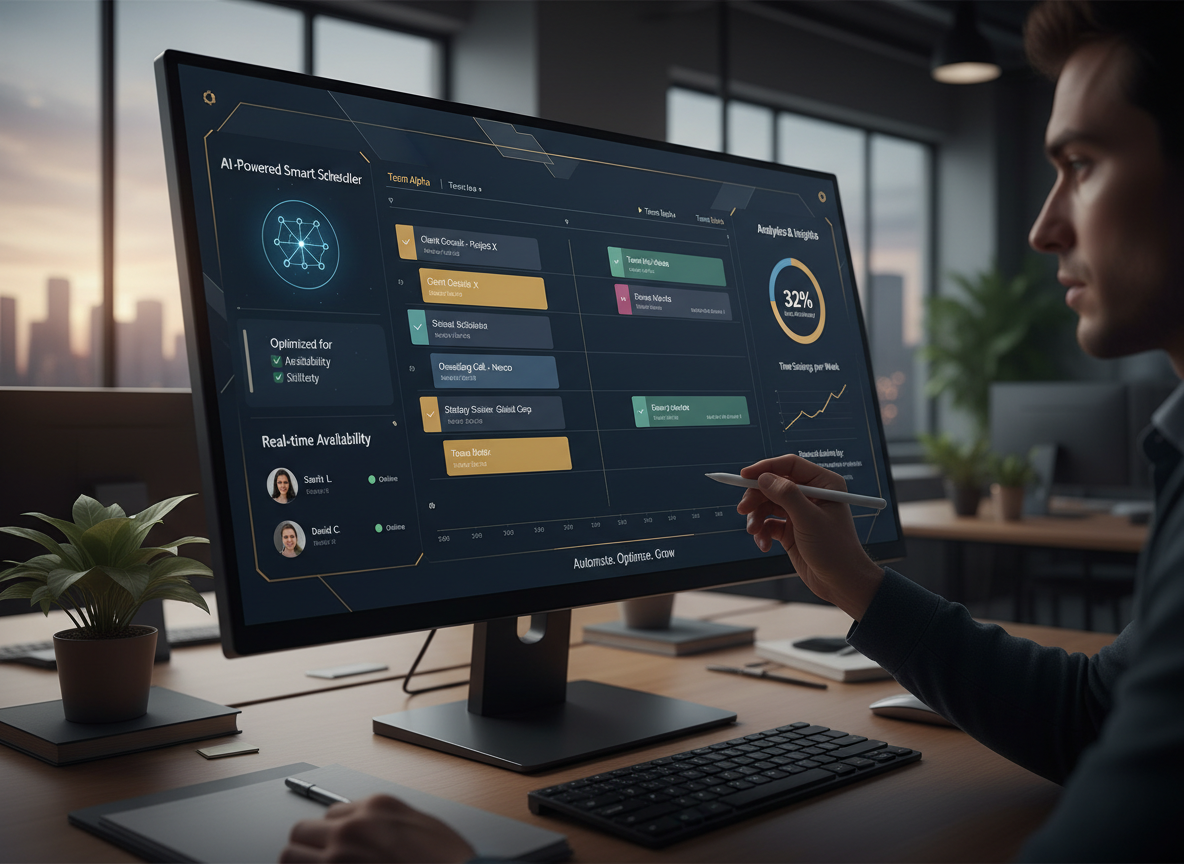 A close-up of a scheduling dashboard featuring AI-powered tools, real-time availability, and analytics, visually representing key features of automation software.