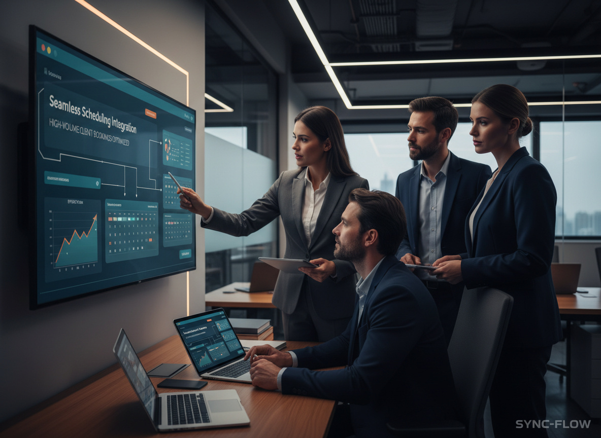 A team in an office demonstrating seamless scheduling automation integration on a large monitor, emphasizing continuity in operations.