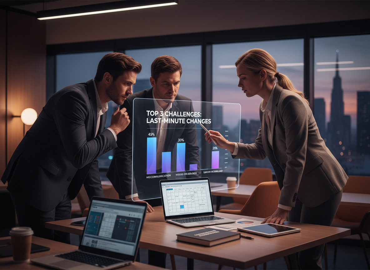 A professional team in a co-working space analyzing a touchscreen chart showing the top three challenges from last-minute schedule changes: miscommunication, missed deadlines, and uneven workload.