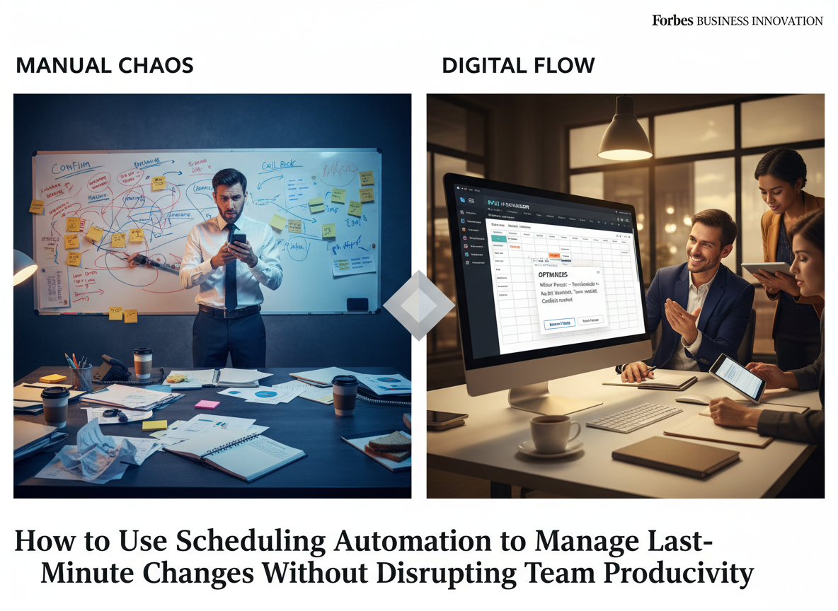 A split-screen image comparing a chaotic manual scheduling process with a clean, efficient digital workflow for handling last-minute changes.