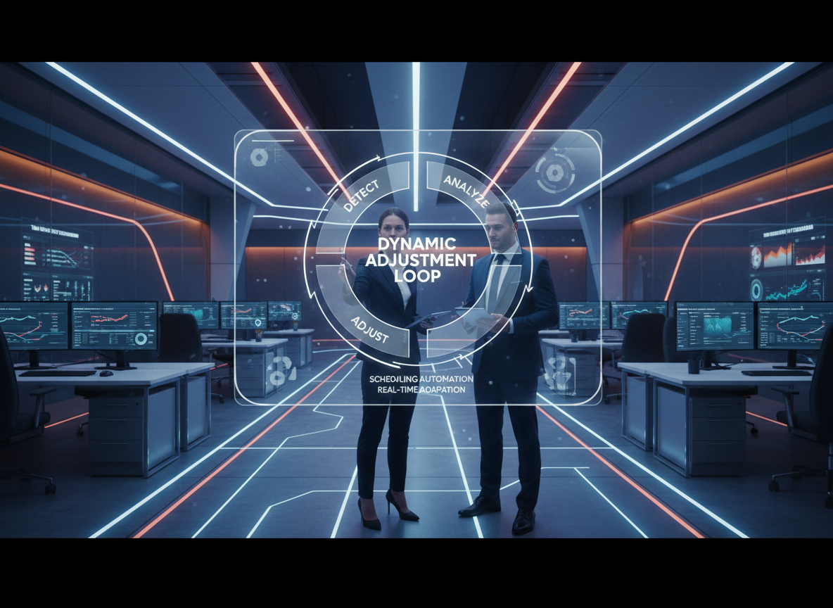 A futuristic office with a holographic display showing the Dynamic Adjustment Loop framework: Detect, Analyze, Adjust, Communicate.