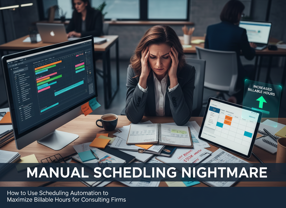 Overhead image of a cluttered desk with a stressed consultant managing manual scheduling, depicting the time and financial cost of inefficiency.