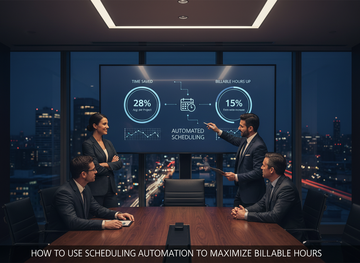 Consultants in a boardroom discussing metrics like time saved and increased billable hours, illustrating the benefits of scheduling automation.