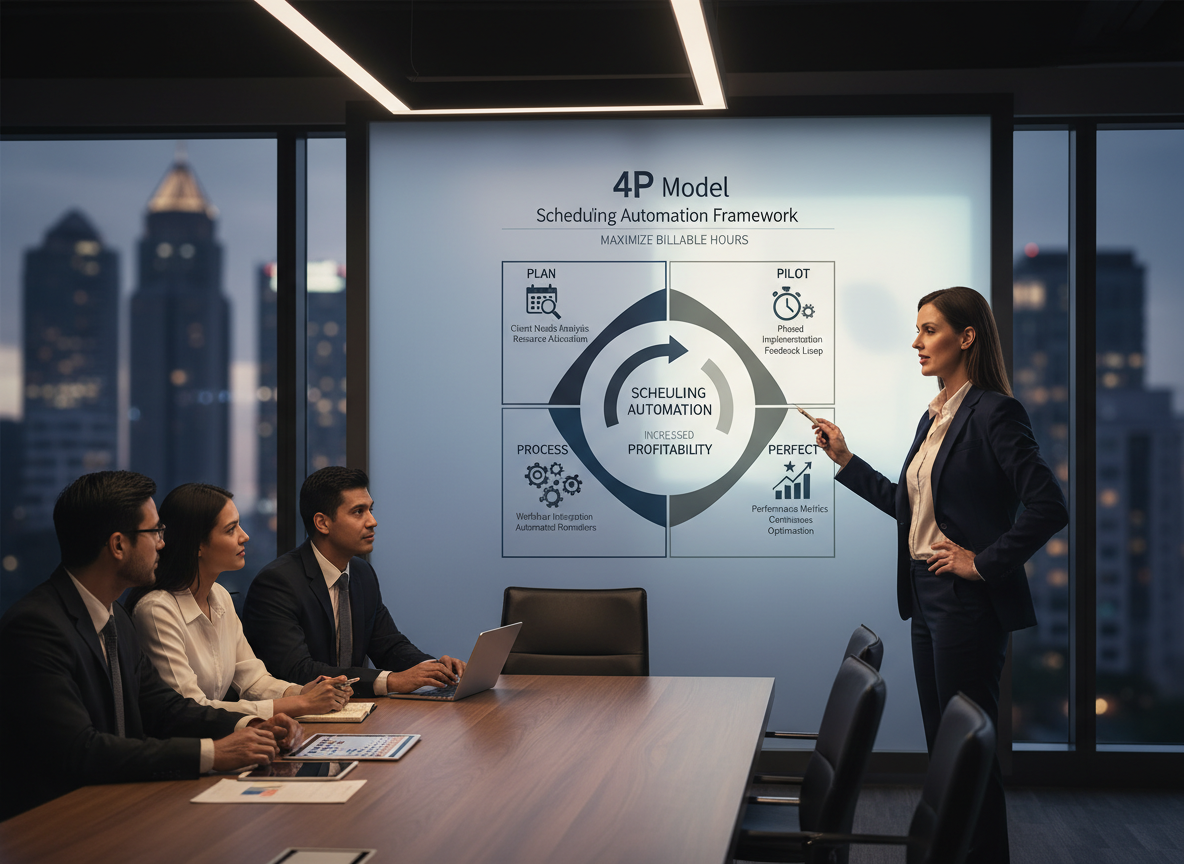 Consultant presenting the 4P Model—Plan, Pilot, Process, Perfect—on a whiteboard with visual icons, illustrating a successful scheduling automation framework.