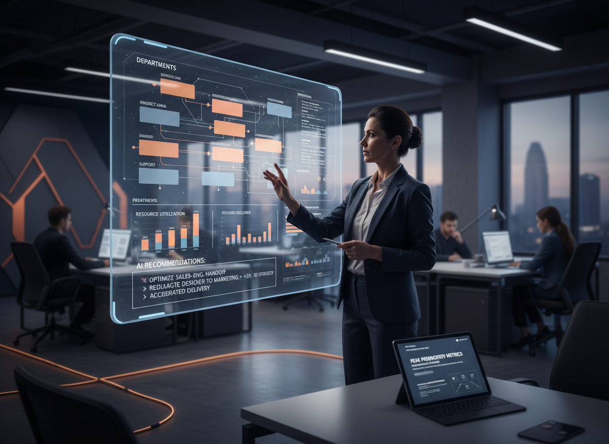 A co-working space featuring a digital scheduling dashboard with AI-driven recommendations and a manager analyzing data, symbolizing scheduling automation.