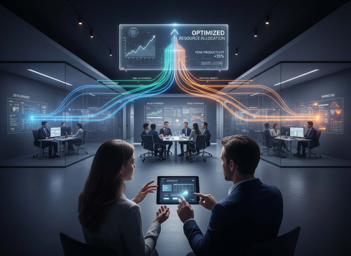 An open office with defined team zones and glowing overlays of resources flowing between them, symbolizing effective resource allocation.