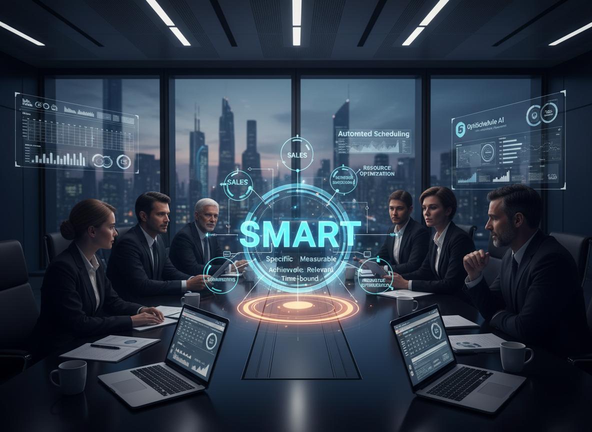 A high-tech boardroom with managers around a table and a holographic SMART framework projection, symbolizing structured resource allocation.