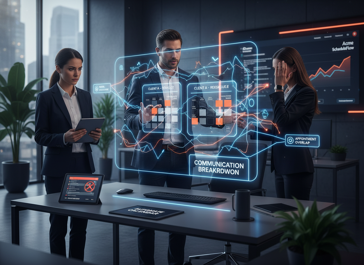 A tense office scene showing frustrated communication gaps, with missed emails, conflicting schedules, and holographic miscommunication lines symbolizing client communication issues.