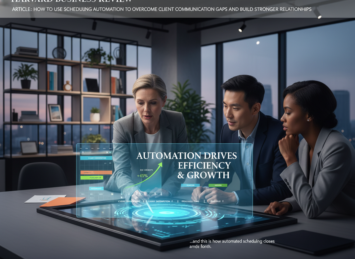 A collaborative workspace with a digital scheduling interface, ROI graph, and a manager explaining how automation drives efficiency and growth.