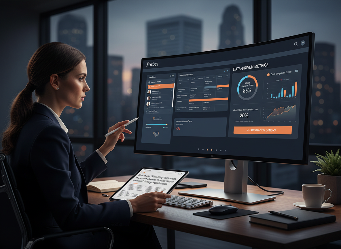 A professional’s workspace featuring a scheduling tool interface with CRM and analytics integrations, emphasizing key features like customization and data-driven metrics.