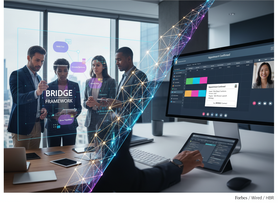 A split-screen concept showing a collaborative team defining the BRIDGE Framework on one side, and seamless scheduling integration with clients on the other, connected by a glowing digital bridge.