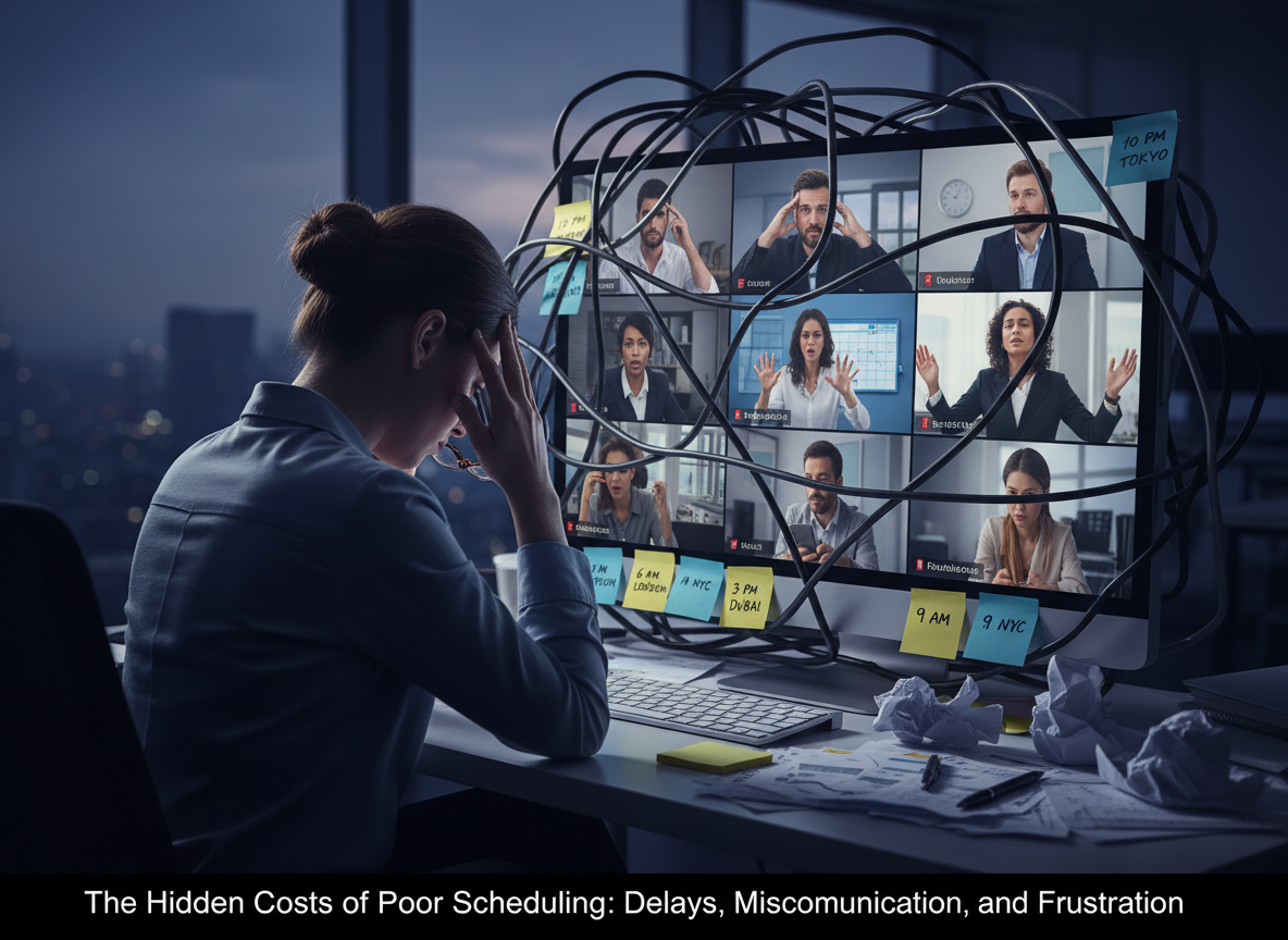 A chaotic cross-border team meeting with frustrated participants, conflicting time zones, and a stressed manager, symbolizing the hidden costs of poor scheduling.
