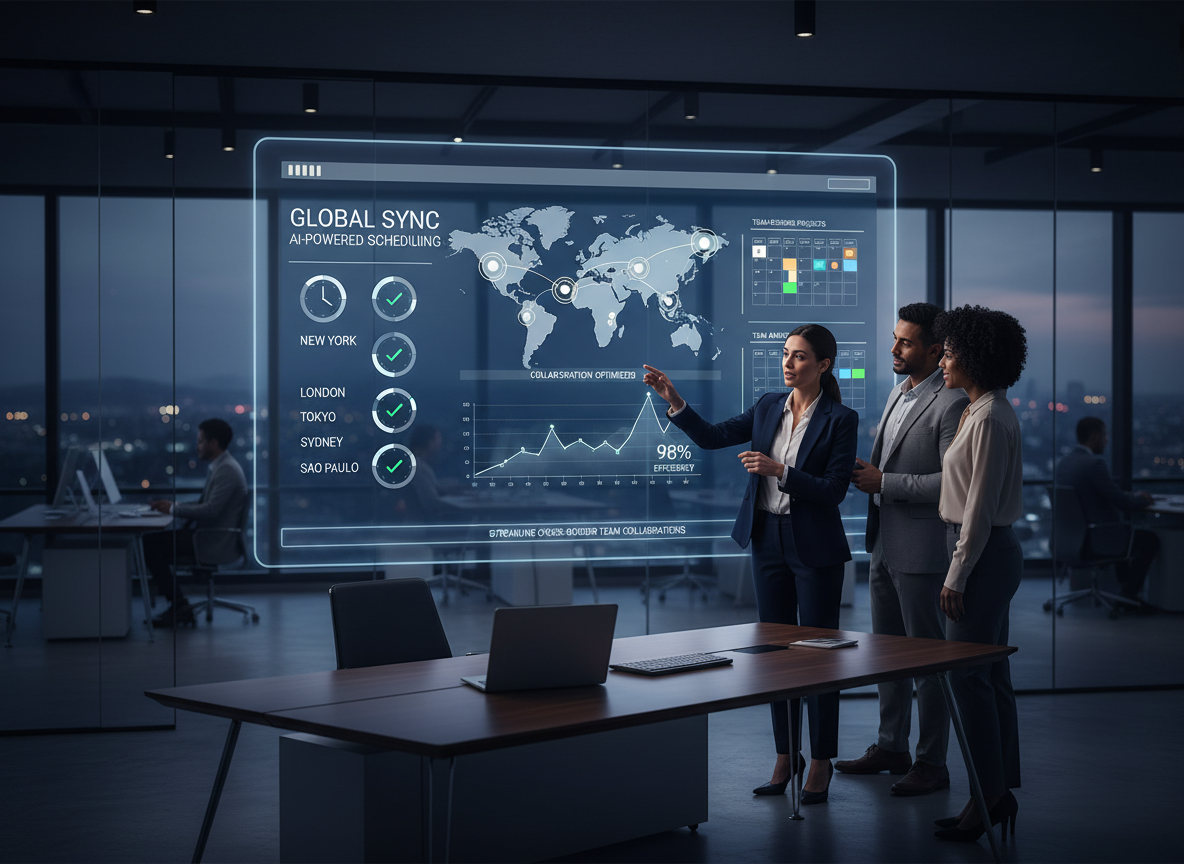 A modern office with a real-time AI scheduling dashboard aligning global time zones, symbolizing the efficiency of scheduling automation.