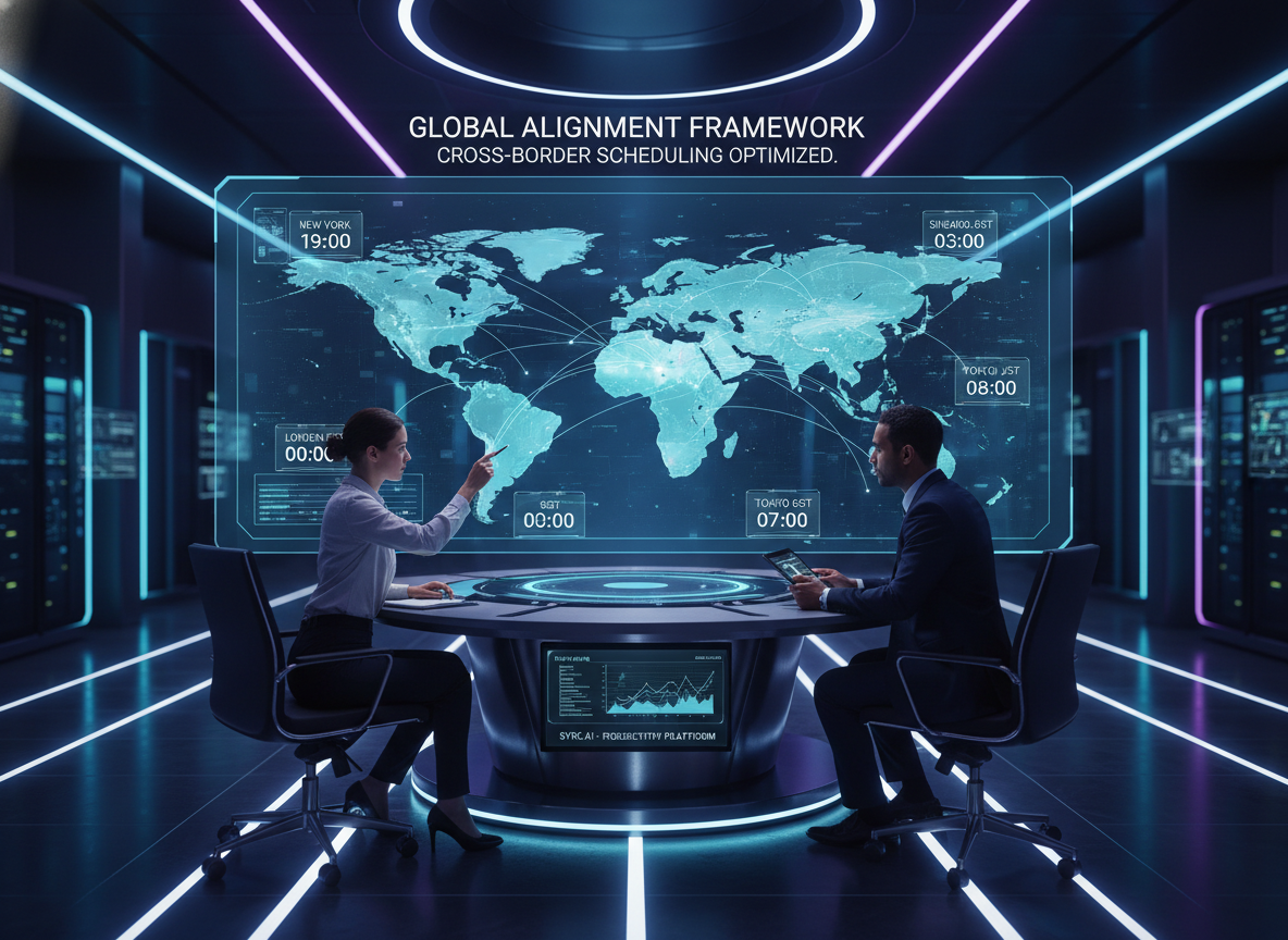 A futuristic operations center with holographic time zones and a global map, symbolizing the Global Alignment Framework for cross-border scheduling.