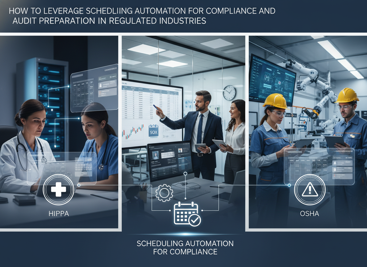 A split-screen showing compliance challenges in healthcare, finance, and manufacturing with icons for HIPAA, SOX, and OSHA.
