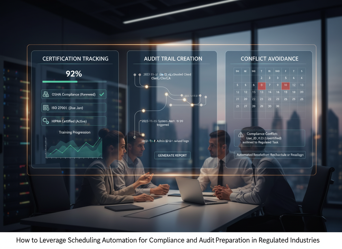 A digital interface mockup showing steps like certification tracking, audit trail creation, and conflict avoidance for scheduling automation.