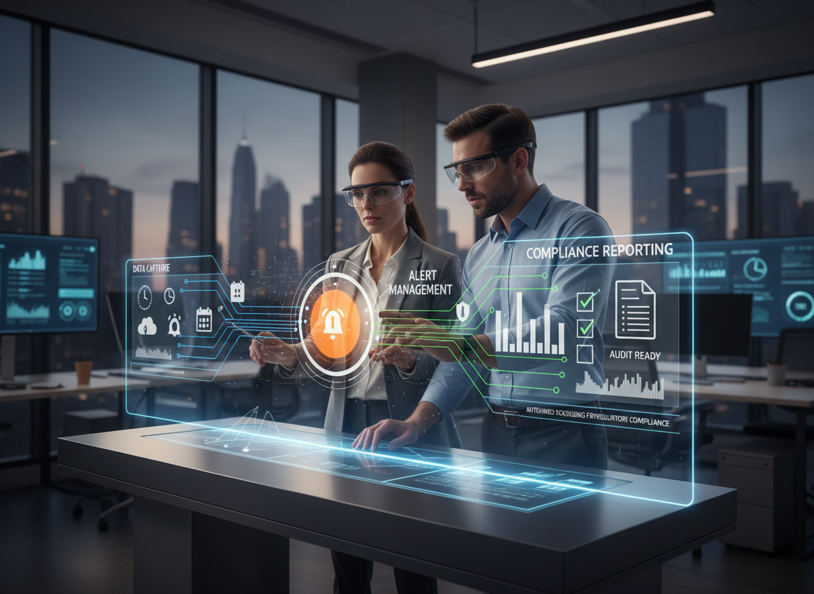 A futuristic holographic interface showing a workflow connecting data capture, alert management, and compliance reporting in a high-tech workspace.