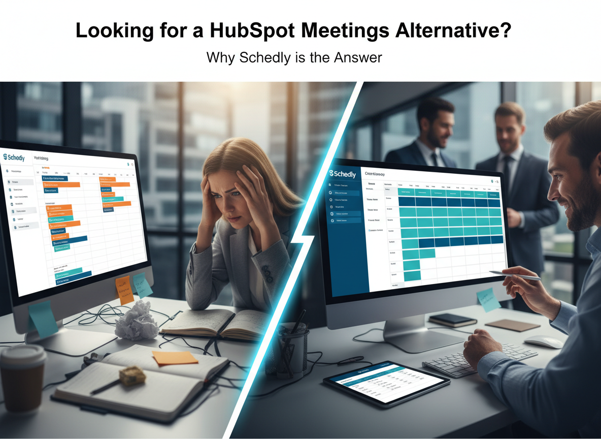 An office scene illustrating the shift from disorganized HubSpot Meetings to Schedly's streamlined scheduling interface.