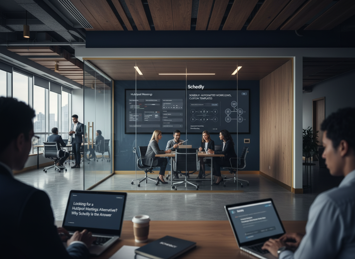 A co-working space highlighting Schedly's customizable templates and automated workflows as the best alternative to HubSpot Meetings.