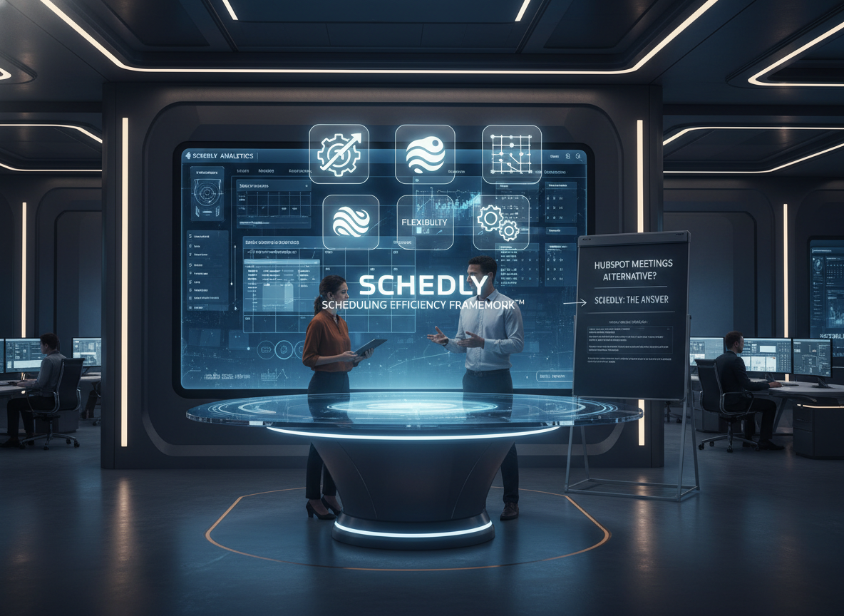 A futuristic office showcasing Schedly's Scheduling Efficiency Framework™ with holographic icons for automation, flexibility, scalability, and integration.