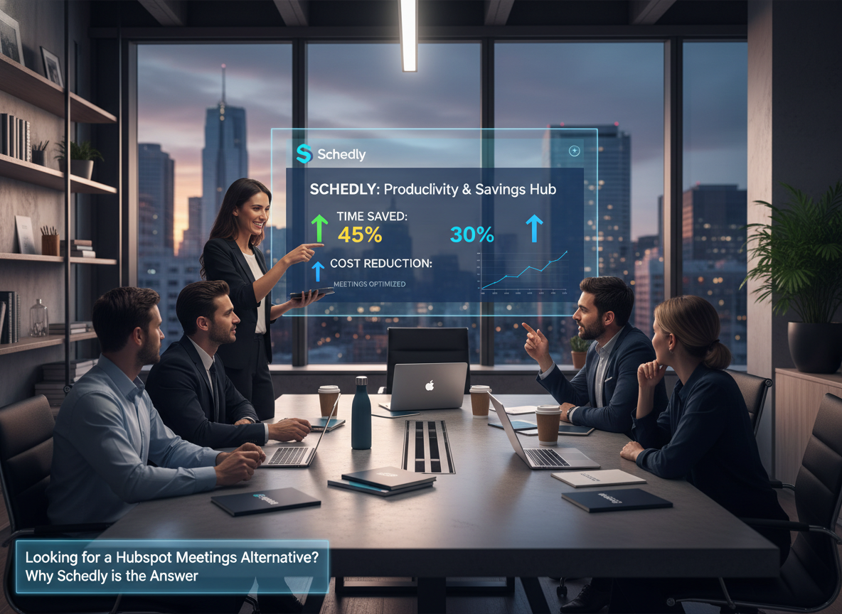 A startup office scene celebrating productivity and cost savings with Schedly, featuring a dashboard showing key success metrics.