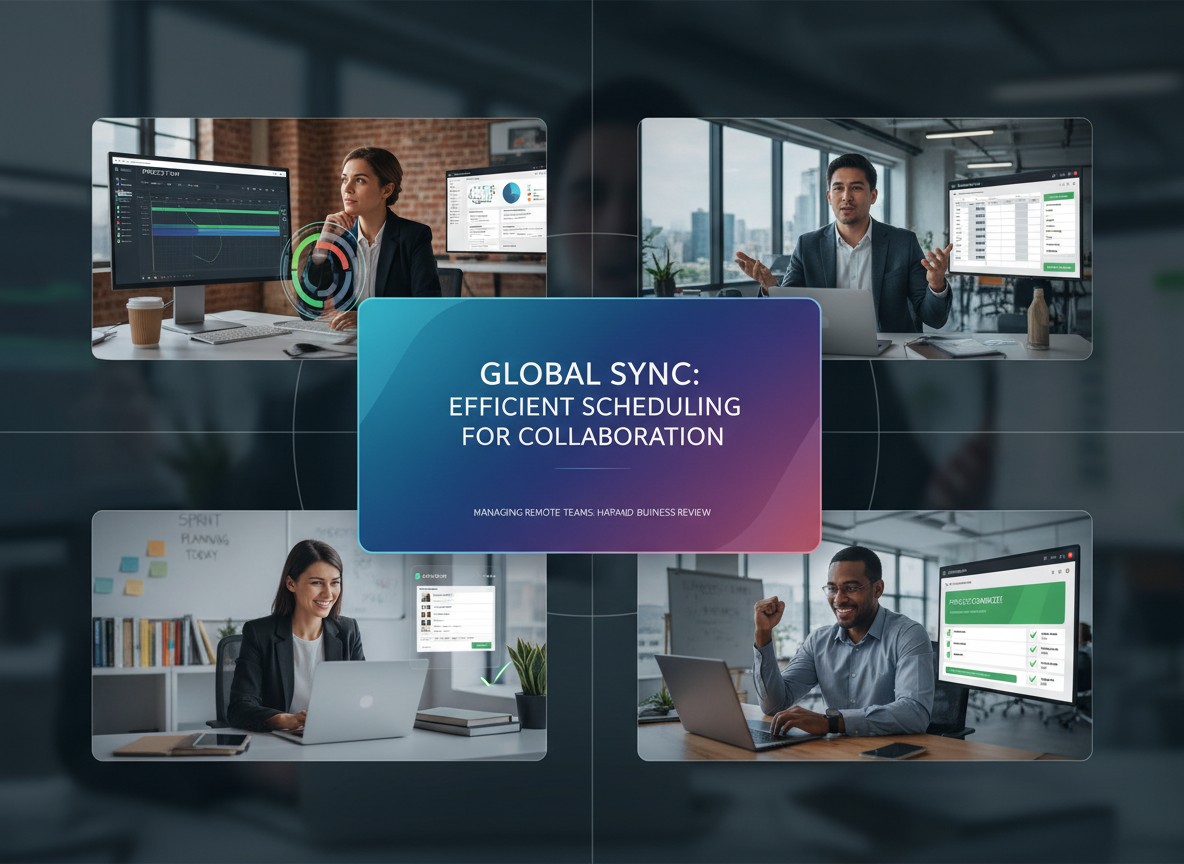 A global virtual conference call with synchronized schedules and diverse work environments connected seamlessly.